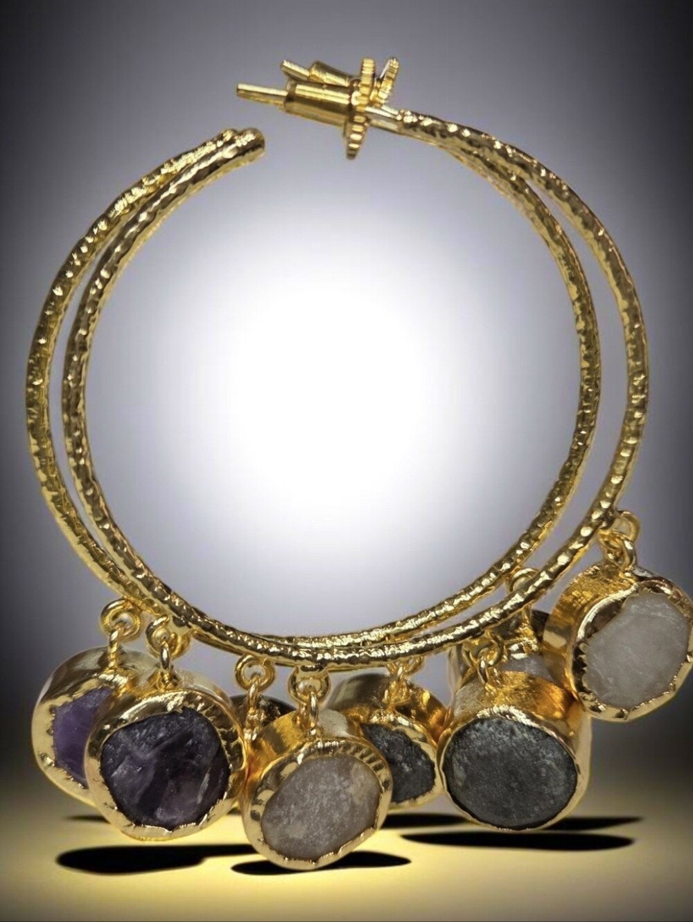 18k Gold Plated Artisan Natural Raw Stone Ametyst Moonstone Quartz Hoop Earring